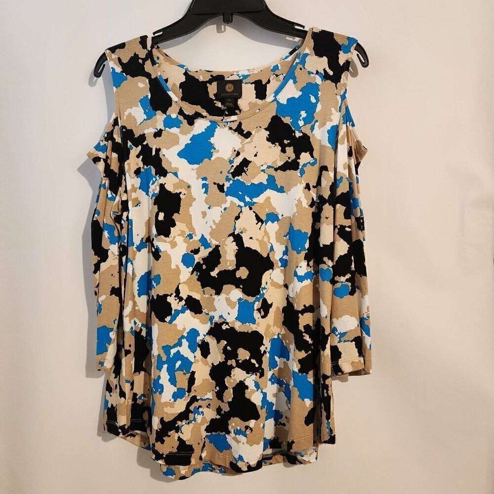 JM Collection Tee PL Aqua Beige Black Scoop Neck Cold Shoulder Top